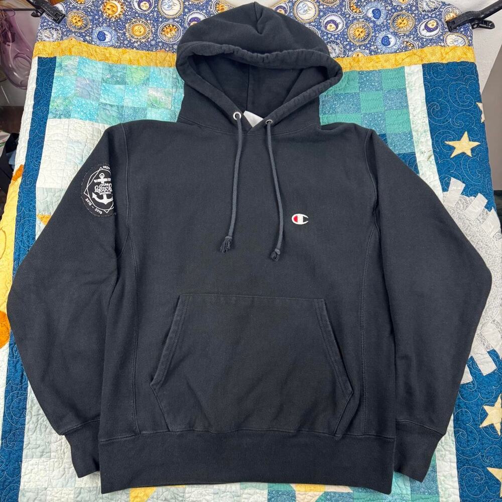 Champion Reverse Weave Black Hoodie with Black and White Anchor Patch